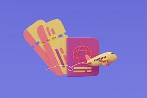 3d render of airplane and passport isolated on purple background ,Tourism and travel concept,holiday vacation.minimal style. photo