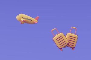 Render 3d de maletas con avión, concepto de planificación de viajes y turismo en línea, vacaciones, listo para viajar. foto