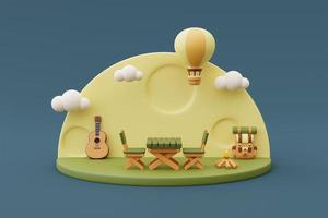 Summer camping concept with wooden table ,bonfire,guitar,bagpack and hot air balloon on camping site,holiday vacation.minimal style.3d rendering. photo