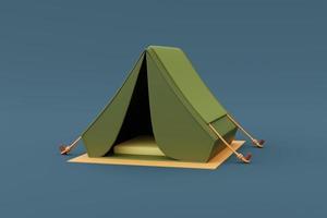 Render 3D de tienda de campaña aislada sobre fondo azul, equipo de camping, concepto de vacaciones. estilo minimalista. foto