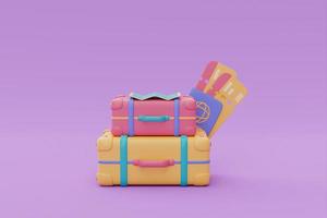 maleta colorida con pasaporte y boletos, turismo y plan de viaje para el concepto de viaje, vacaciones, horario de verano, representación 3d foto