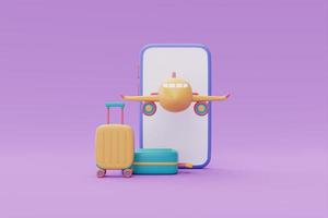 Tourism and travel plan to trip, smartphone with airplane and suitcase, time to travel, holiday vacation,3d rendering photo