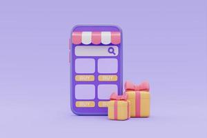 Online shopping store on smartphone with gift boxes on purple background, 3d rendering. photo