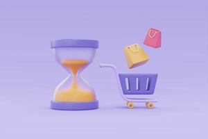 compras en línea con carrito de compras y reloj de arena, tiempo de marketing y promociones de venta flash sobre fondo púrpura, representación 3d. foto