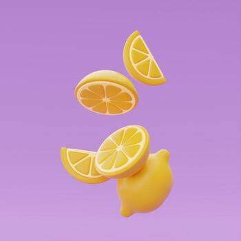 Slice of lemon floating isolate on purple background, summer fruits, 3d rendering. photo