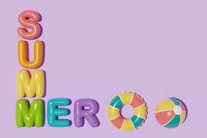 Colorful balloon text of summer and inflatable ring isolate on purple background, Summer time concept, 3d rendering. photo