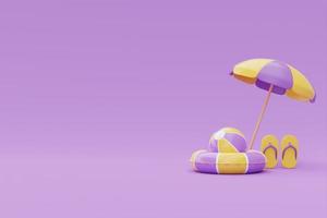 Summer time concept with summer beach elements on purple background, 3d rendering. photo