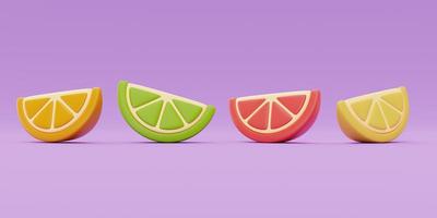 Slice of colorful summer fruits, isolate on purple background, Summer time concept, 3d rendering. photo