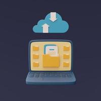 Cloud storage technology concept with blue cloud symbol and document in folder icon on computure ,online database,transfer data information,minimal style.3d rendering. photo