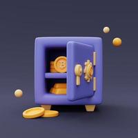 las monedas de oro con el símbolo de bitcoin y las barras de oro caen de la caja de seguridad abierta, el concepto de protección de criptomonedas, el estilo minimalista. Representación 3d. foto