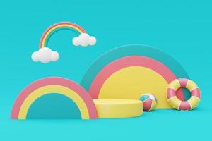 Representación 3d del concepto de vacaciones de verano, pantalla de podio colorida con elementos de verano, nubes y arco iris, estilo minimalista. Representación 3d. foto