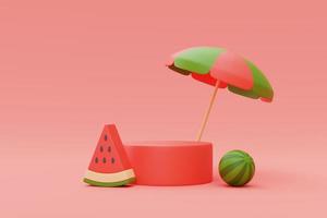 3d rendering of watermelon isolated with podium display on red background,summer vacation concept,summer elements,minimal style.3d render. photo