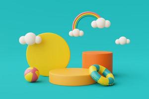 3d rendering of Summer vacation concept,colorfull podium display with summer elements,clouds and rainbow ,minimal style.3d render. photo