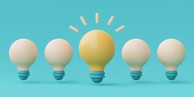 Creative ideas with one glowing light bulb among extinguished, Think different idea concept,minimal style,3d rendering. photo