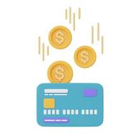 servicio de devolución de efectivo en línea o concepto de pago digital con tarjetas de crédito azules y monedas en dólares, representación 3d foto