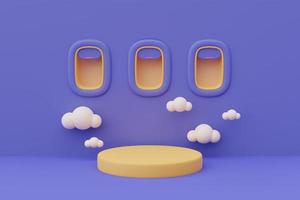 3d render of airplane window scene with empty podium stage surrounded by cloud  for showing or presentation,minimal style. photo