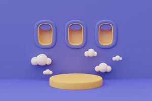 Representación 3d de la escena de la ventana del avión con escenario de podio vacío rodeado de nubes para mostrar o presentar, estilo minimalista. foto