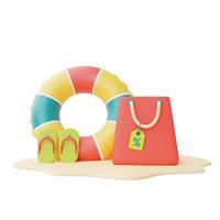 venta de verano con anillo inflable colorido y bolsa de compras aislada sobre fondo blanco, elementos de playa de verano, representación 3d. foto