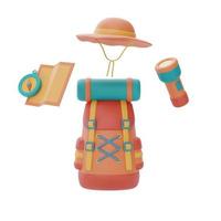 mochila de viaje con equipo de camping, sombrero de senderismo, linterna, mapa y brújula, concepto de campamento de verano, representación 3d. foto