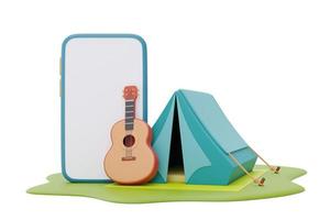 tienda de campaña turística y guitarra con teléfono inteligente en lugar de campamento, concepto de campamento de verano, representación 3d. foto