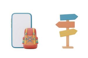 camping signpost with travel backpack and smartphone,summer camp concept,3d rendering. photo