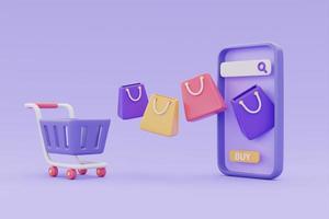 Online shopping store on smartphone with shopping cart and bags on purple background, 3d rendering. photo