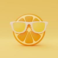 Slice of orange with sunglasses isolate on orange background, summer fruits, 3d rendering. photo