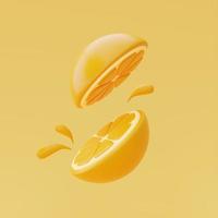 rodaja de naranja aislado flotante sobre fondo naranja, frutas de verano, renderizado 3d. foto