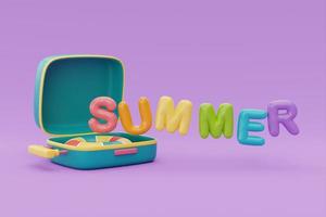 Summer time concept with suitcase and colorful summer beach elements on purple background, 3d rendering. photo