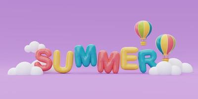 Summer time concept with colorful hot air balloon floating on purple background, 3d rendering. photo