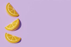 Slice of orange isolate on purple background, Summer time concept, 3d rendering. photo