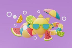 concepto de horario de verano, sol con gafas de sol y coloridos elementos de playa de verano sobre fondo morado, representación 3d. foto