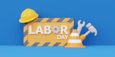 Happy labor day usa concept with construction tools and equipment on blue background, 3d rendering photo