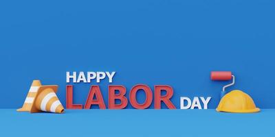 Happy labor day usa concept with construction tools and equipment on blue background, 3d rendering photo