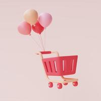 Render 3d de carrito de compras rosa con flotador de globos aislado sobre fondo pastel, concepto de venta del día de san valentín, estilo minimalista. foto