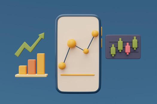 Technical price graph and indicator with red and green candlestick trade chart on smartphone screen ,Stock market,Forex,online trading concept,minimal style,3d rendering. photo