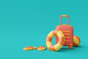 Representación 3d del concepto de vacaciones de verano con maleta y elementos coloridos de verano, estilo minimalista.3d render. foto