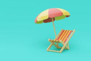 Representación 3d del concepto de vacaciones de verano con silla de playa y sombrilla, elementos de verano, estilo minimalista. Presentación 3d. foto