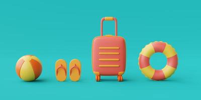 3d rendering of summer vacation concept with suitcase and colorfull summer elements,minimal style.3d render. photo