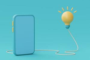 3d render yellow lightbulb floating with smartphone on blue background.minimal style,3d rendering. photo