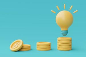 3d render yellow lightbulb floating with coin stacks isolate on blue background.minimal style,3d rendering. photo