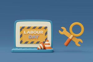 Labour day on computer laptop screen with Construction tools and equipment.3d rendering photo