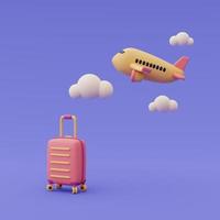 Render 3d de maletas con avión, concepto de planificación de viajes y turismo en línea, vacaciones, listo para viajar. foto