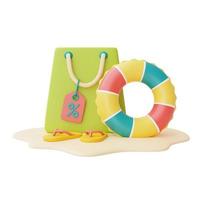 venta de verano con anillo inflable colorido y bolsa de compras aislada sobre fondo blanco, elementos de playa de verano, representación 3d. foto