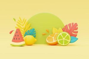 summer display with colorful tropical fruits and palm leaves,3d rendering. photo