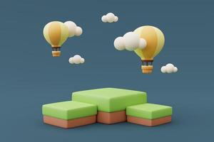 3d render of empty product podium with hot air balloon in the sky on blue background,holiday vacation concept .minimal style. photo