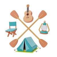 equipo de camping con tienda de campaña turística, silla de madera, farol, guitarra, concepto de campamento de verano, representación 3d. foto