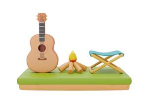 camping equipment with guitar,folding camping chair and campfire,summer camp concept,3d rendering. photo