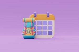 Time to travel concept, Backpack with calendar, Tourism and travel plan to trip, 3d rendering photo