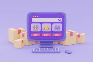 Online shopping store and delivery on computer with parcel boxes on purple background, digital marketing promotion, 3d rendering. photo